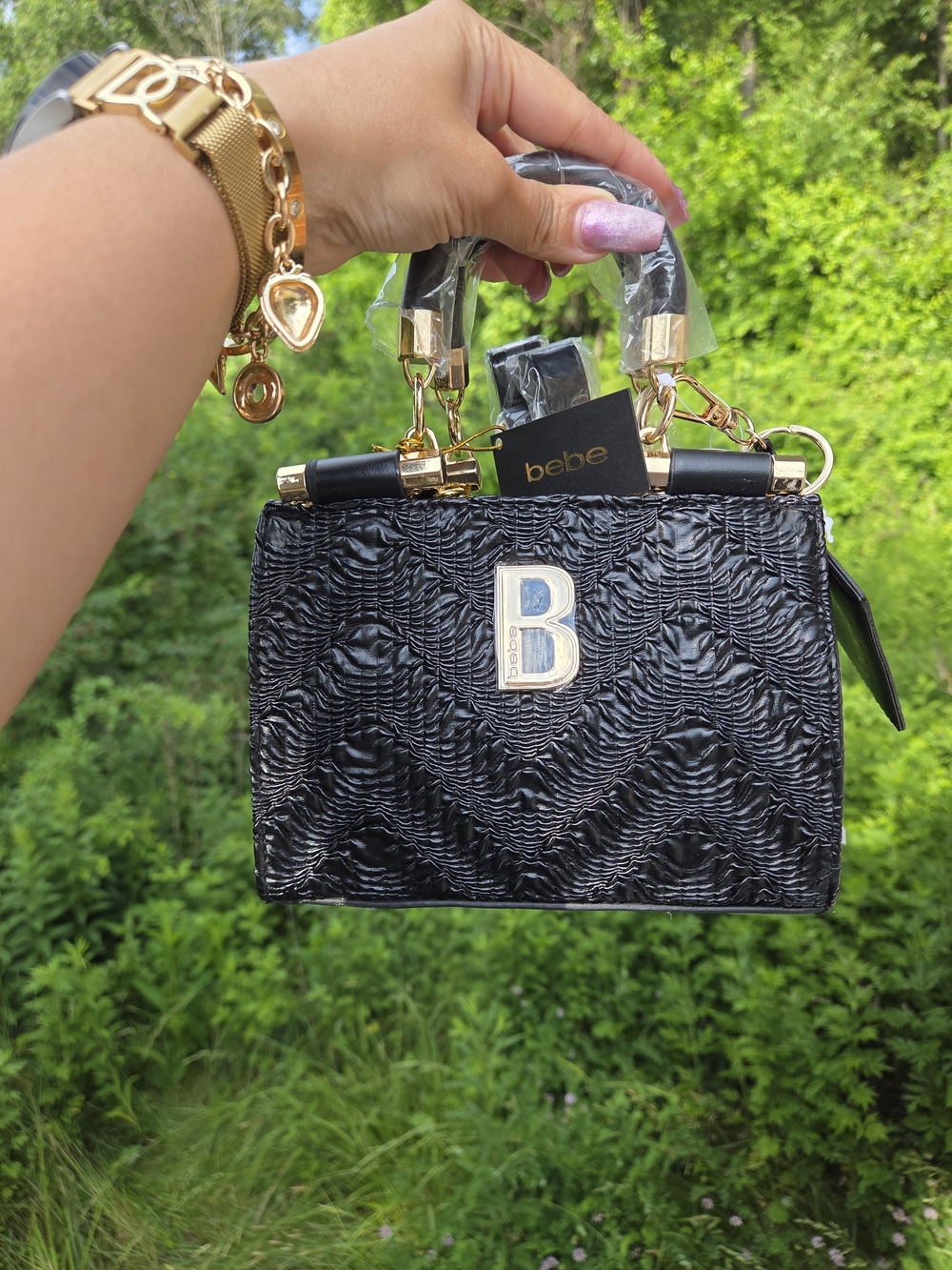 Bebe Nola Mini Satchel Crossbody Bag with Card Holder Black NWT